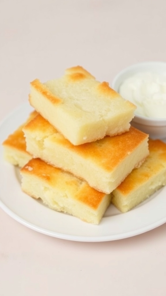 Fluffy cloud bread pieces on a plate, golden and airy, with cream cheese on the side.